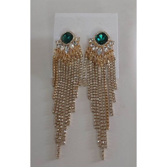 Gorgeous Emerald & Rhinestone Envy Dangle Statement Earrings - Picture 1 of 2